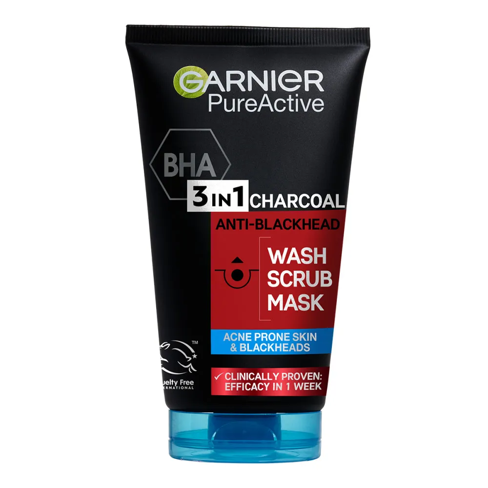 Garnier czarna maseczka do twarzy przeciw zaskórnikom i trądzikowi z węglem aktywnym 3w1  - Skin Naturals Pure Active 3in1 Gel + Scrub + Anti-Blackhead Mask